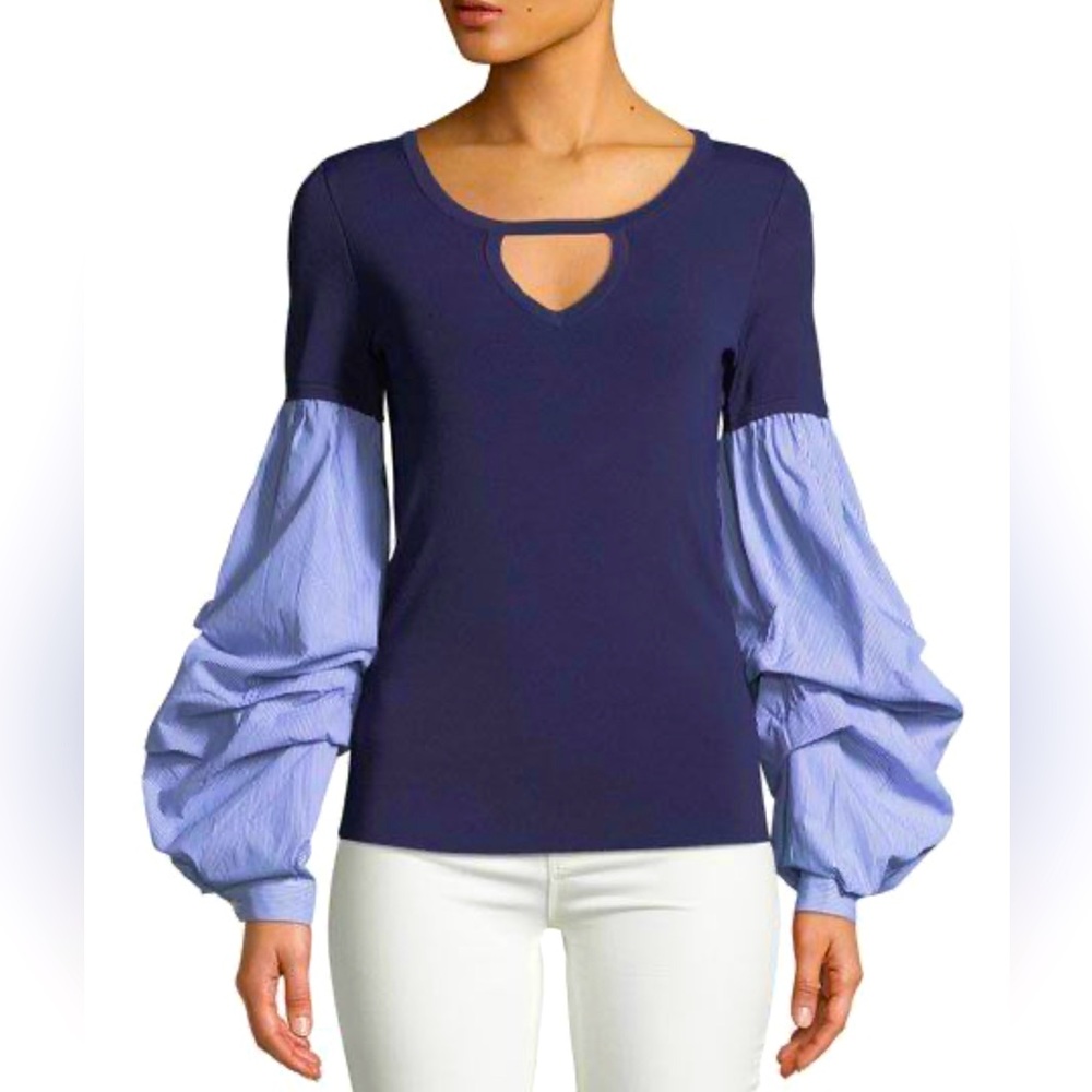 Marled by Reunited Clothing, blue center, with pin stripe ruffled sleeve Size: M